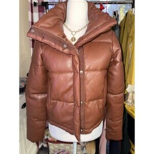Abercrombie & Fitch The A&F Mini Puffer Jacket Coat Brown Vegan Leather Size XS